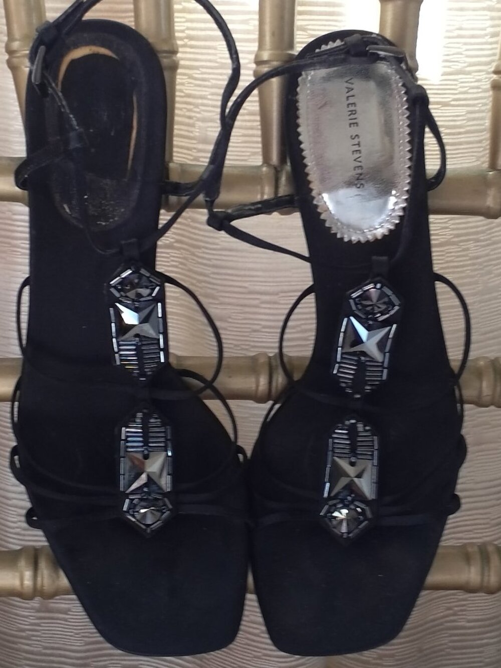 VALERIE STEVENS SATIN 3 1/2 INCH SPIKE HEEL SANDEL W/BEJEWELED FRONT